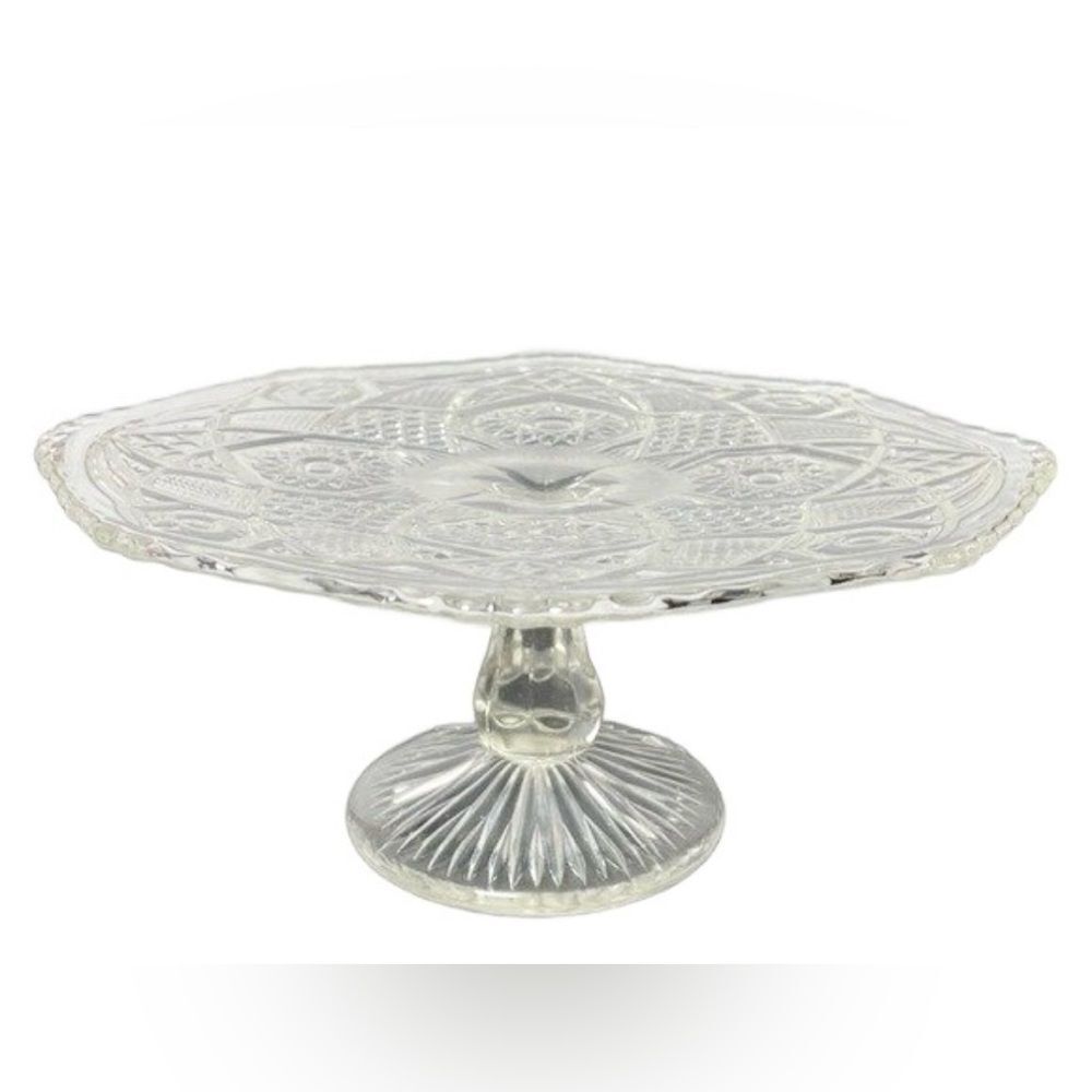 Vintage Pressed Glass Cake Stand w/Ornate Geometric Design & Pedestal - Picture 2 of 15